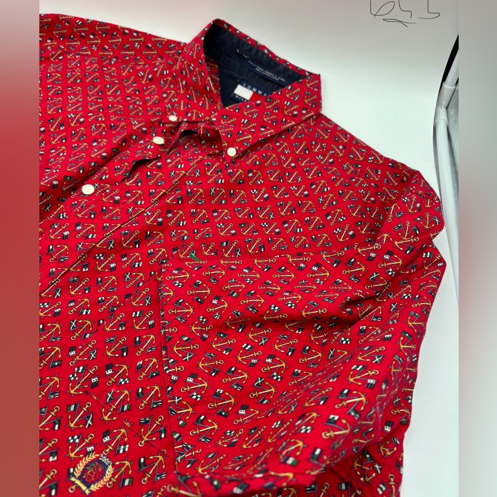 Tommy Hilfiger Dress Shirt Mens XL Red Anchor Short Sleeve Classic Button Up Vtg